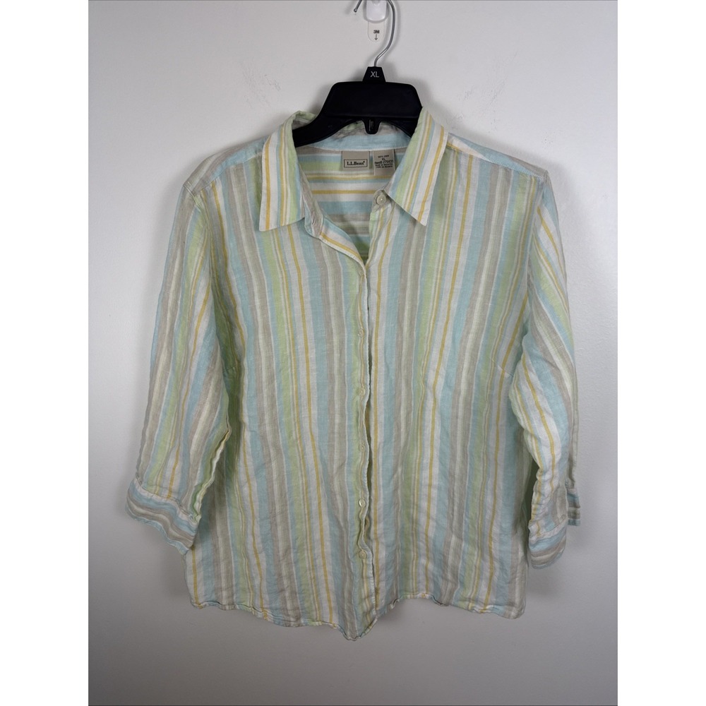LL Bean Pastel Striped 100% Linen Button Up Womens Size XL Shirt Coastal Cruise